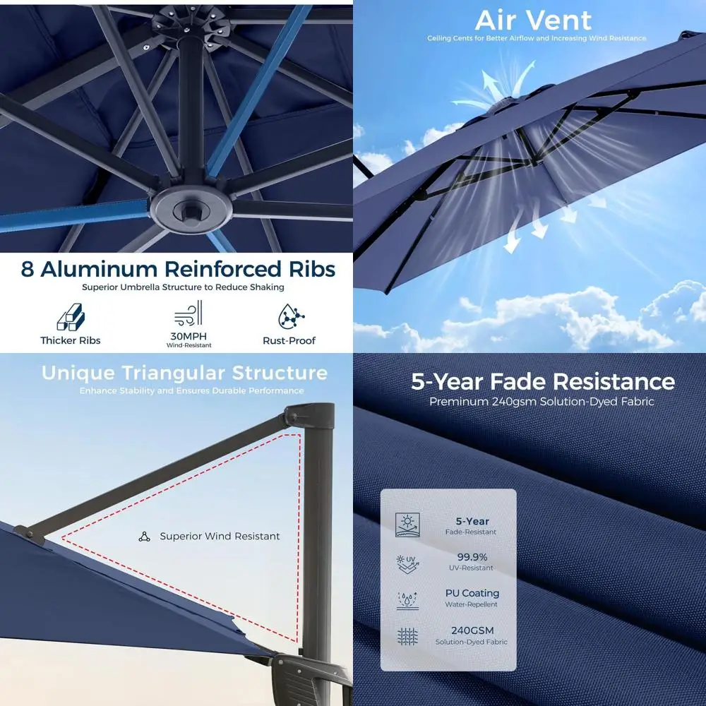 

Консольный зонт для патио 9x12 футов с поворотом на 360 градусов, большой уличный зонт для бассейна, террасы и сада (темно-синий)