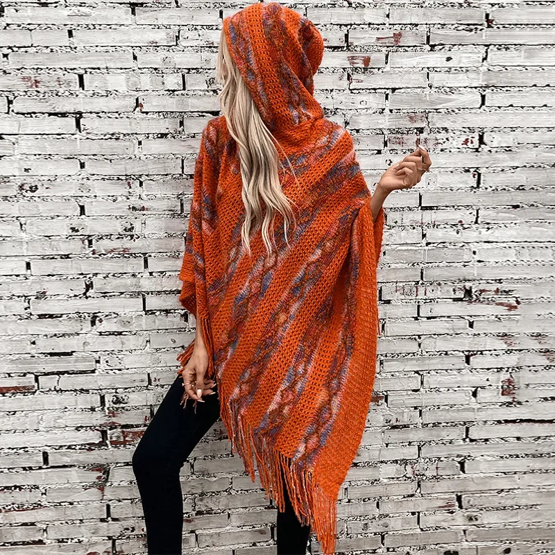 Women Knitted Hooded Cape Shawl Print Striped Tassel Spliced Ponchos Pullover Elegant Loose Cloak Ladies Autumn Winter