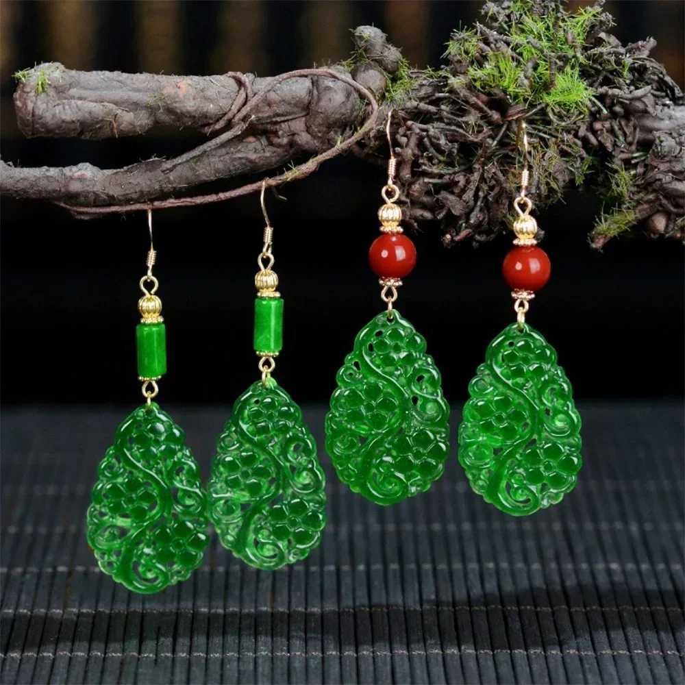 Retro Green Jade Leaf Veins Large Drop Style Dangle Earring Vintage Chinese Ancient Gem Hook Earrings for Women Jewelry Gift