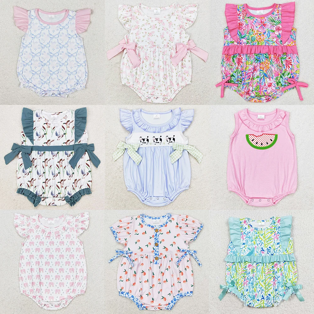 Hot Sale Baby Infant Girls Rompers Cute Bows Cows Flutter Sleeve Rompers Summer Kids Toddler Girls Baby Romper Jumpsuits Clothes