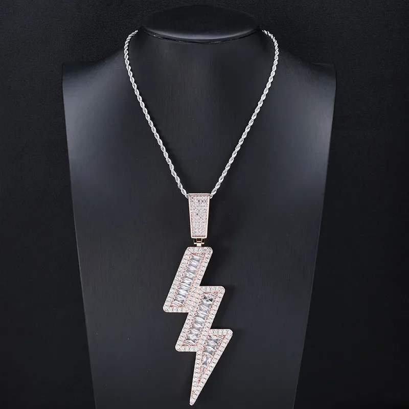 Bling hip hop jewelry 48*142mm Lightning pendant rose gold plated brass AAAAA baguette CZ diamond iced out lightning pendant