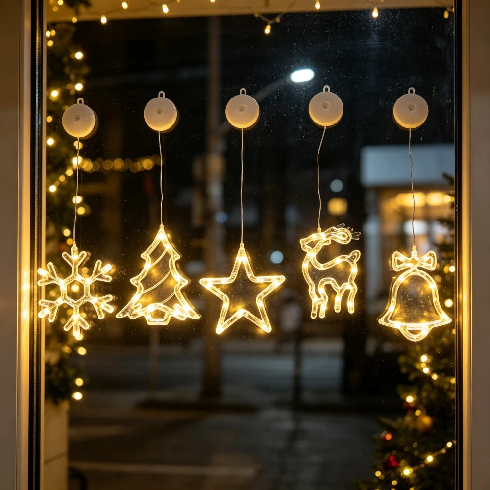Battery Powered 5 Shapes Christmas Transparent Suction Cup Lights, Indoor Holiday Party Warm Glow LED Window Lighting Decoration