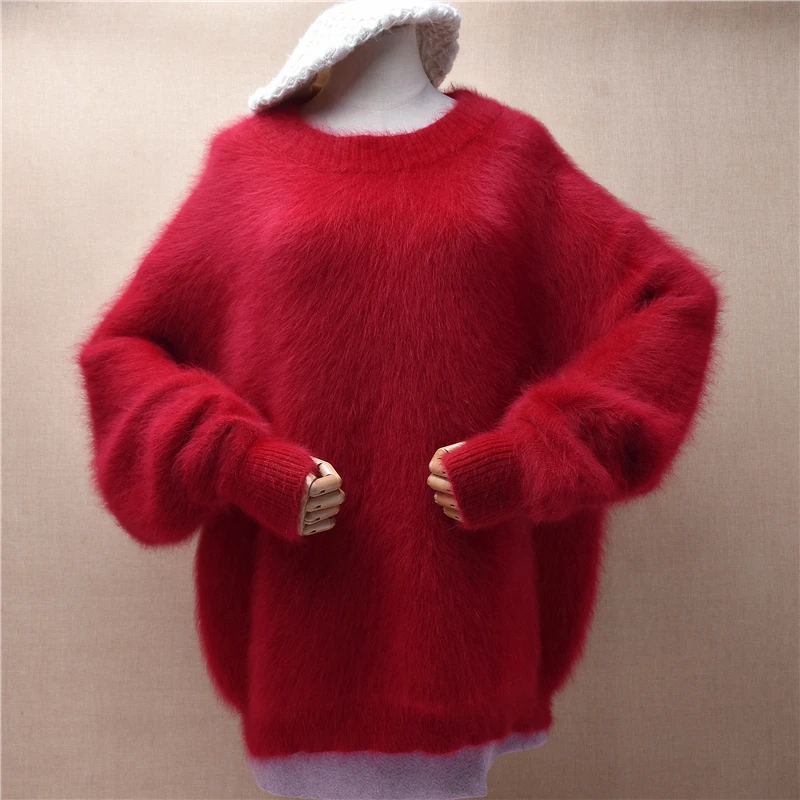 

Ladies Women Autumn Winter Thick Warm Hairy Plush Mink Cashmere Knitted Lazy Oaf O-Neck Loose Pullover Sweater Angora Jumper Top