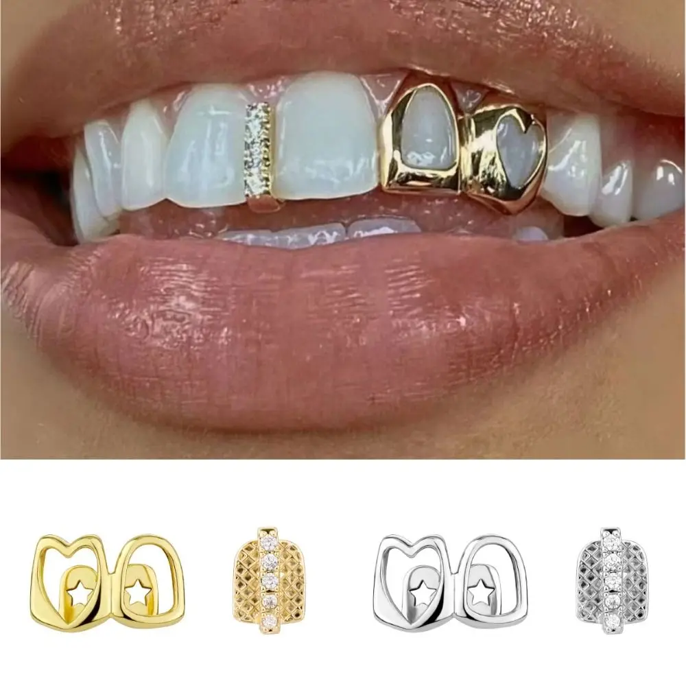 1/2pcs Hip Hop Hollow Heart Tooth Grillz Rhinestone Gold Color Dental Grills Zircon Tooth Caps Charm Teeth Grillz Gift