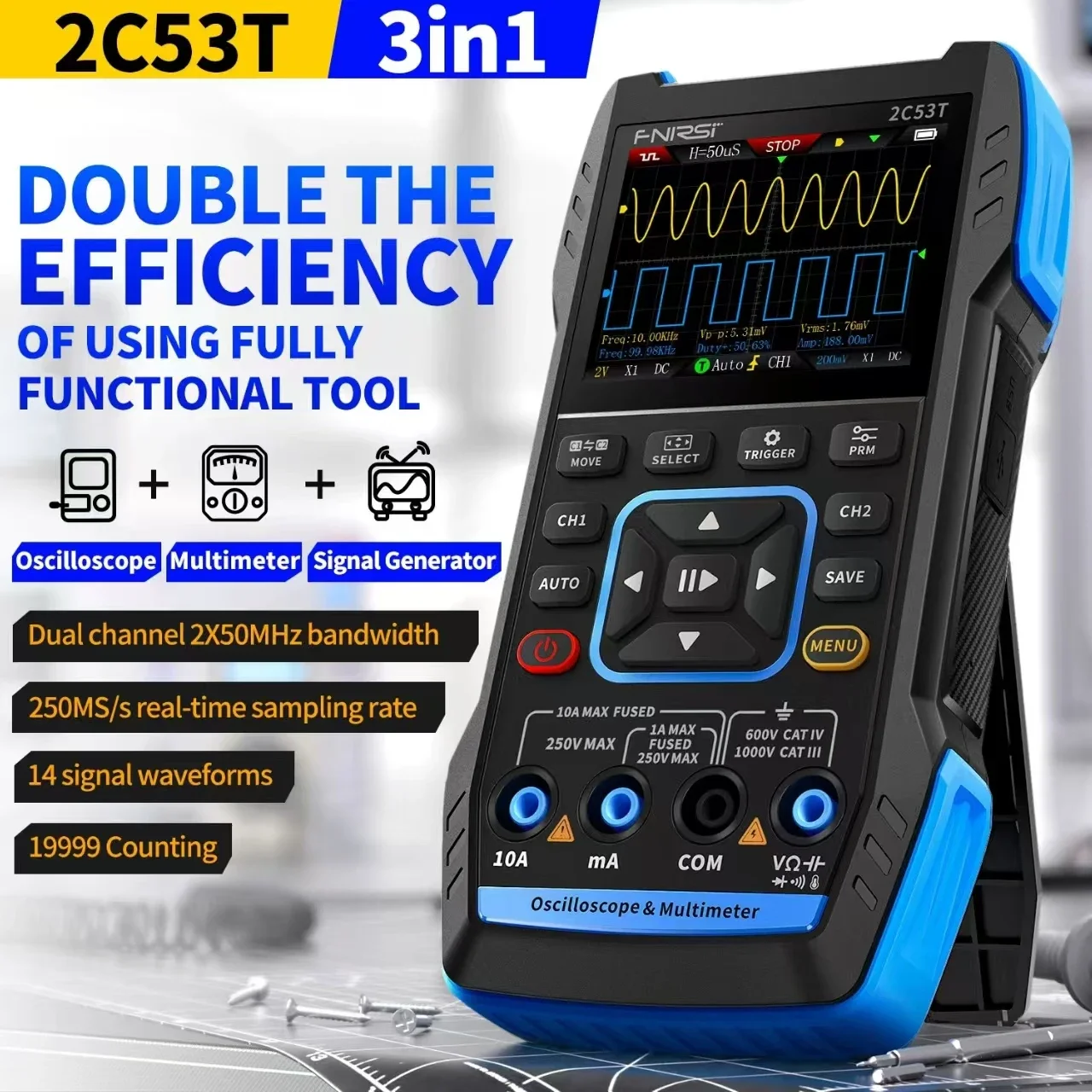NF FNIRSI 2C53T 2C23T 3in1 Multimeter Digital Oscilloscope Built-in DDS Function Signal Generator 2 Channel 50MHz Bandwidth 250M