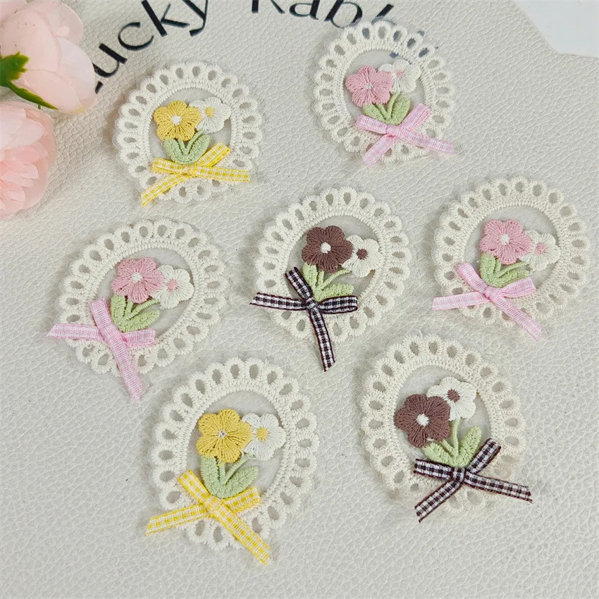 10PCS New Spring Summer Fresh Style Lace Edge Oval Bow Embroidery Flower Patches Applique Clothing Repair Patches Hair Accessori