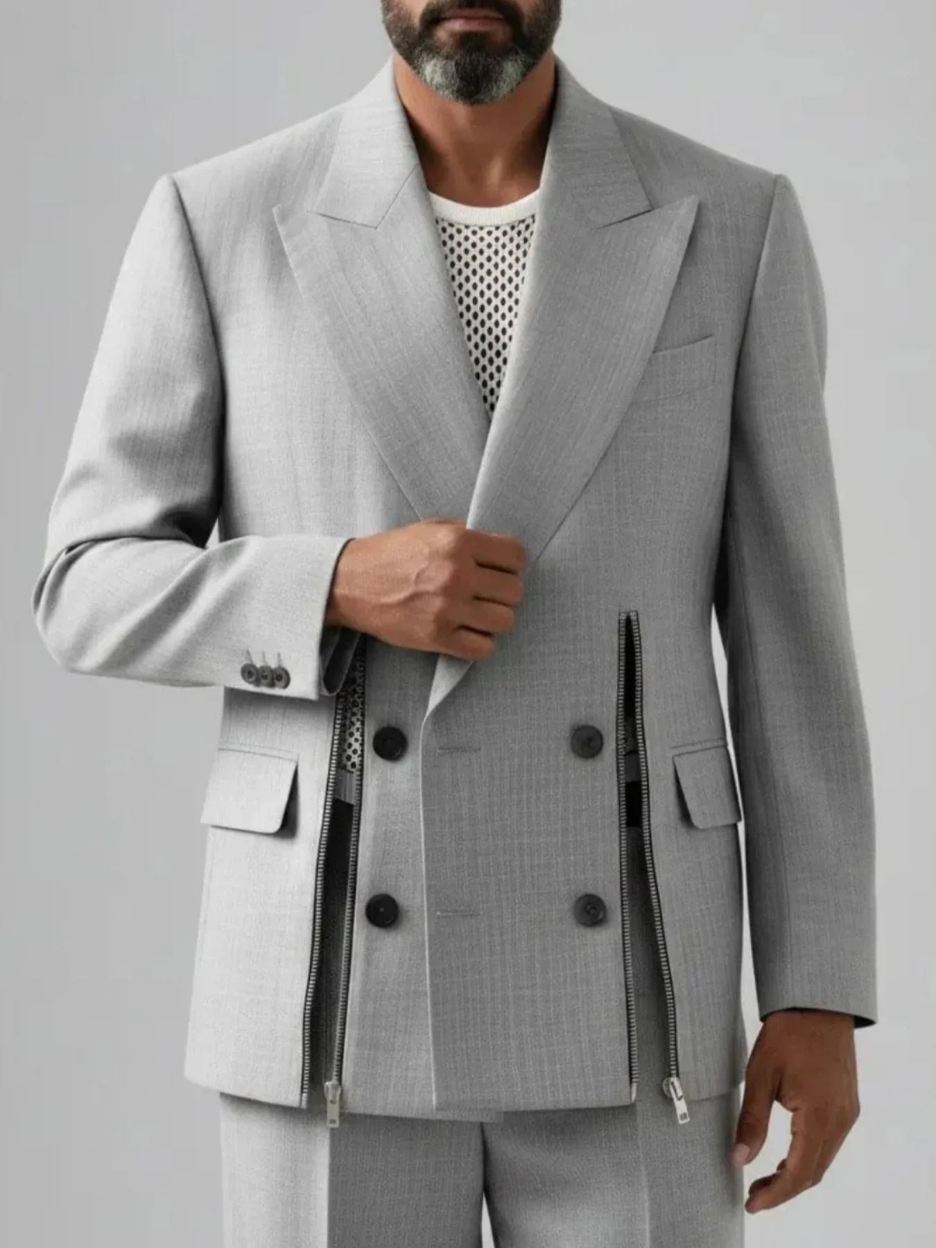 Fashion Men Double Breasted Blazer Zipper Design Notched Lapel Suit Jacket Luxury Formal Business Party Street Male Outer Coat