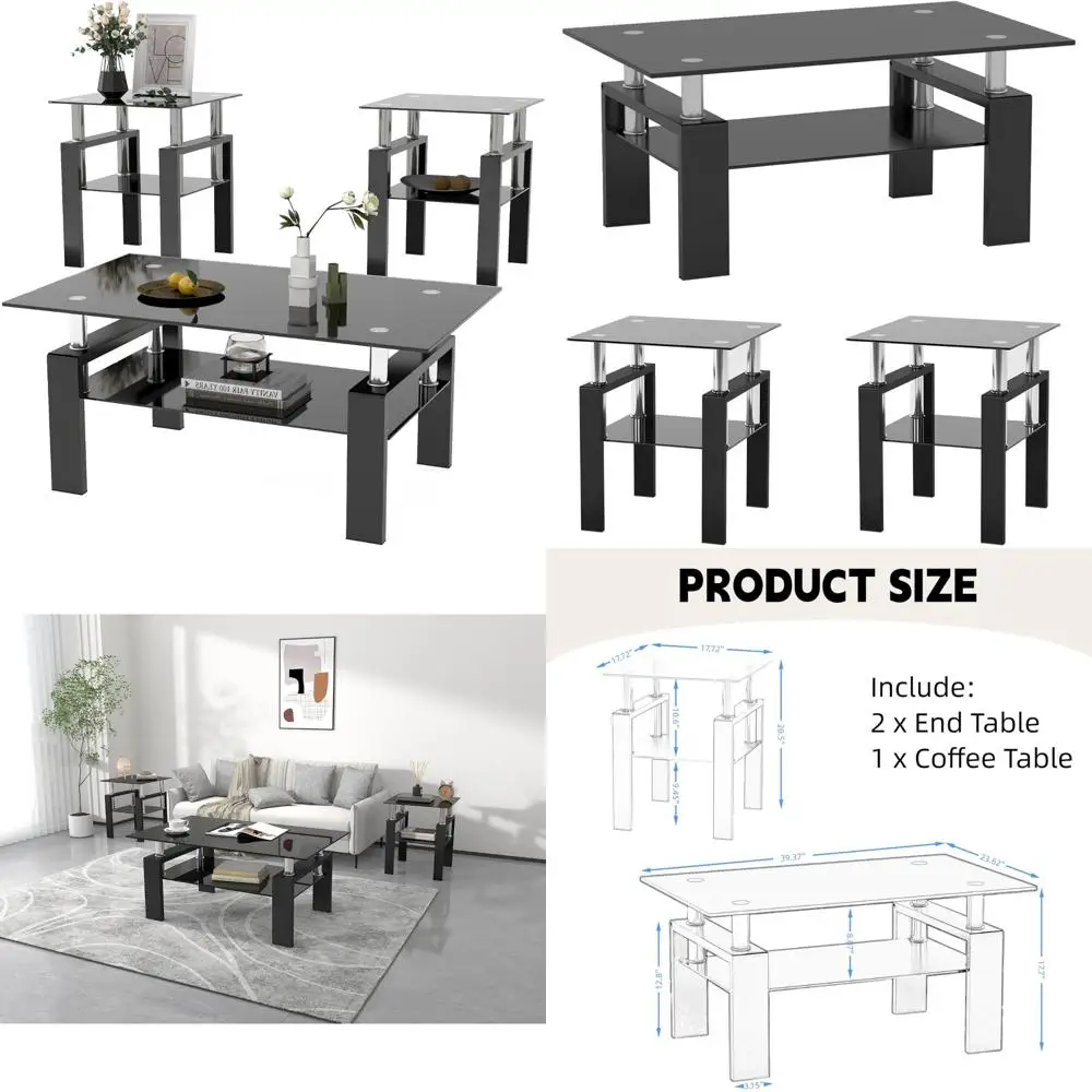 طقم طاولة زجاجية حديثة مكونة من 3 قطع مع إطار معدني أسود وطاولة قهوة من الزجاج المقسى #1