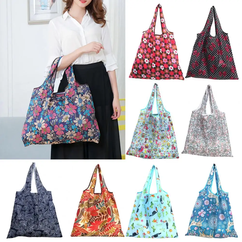 Foldable Shopping Bags Printing Polyester Casual Grocery Shopping Bag Household Tote Pouch Bag Package Women Shoulder Bags