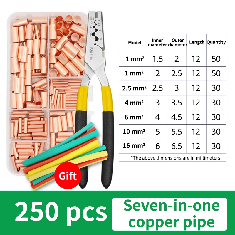 GT Copper Connecting Pipe Wire Joint Small Copper Tube Terminal Cable Lug Bootlace Ferrule Kit with Crimping Pliers Tool