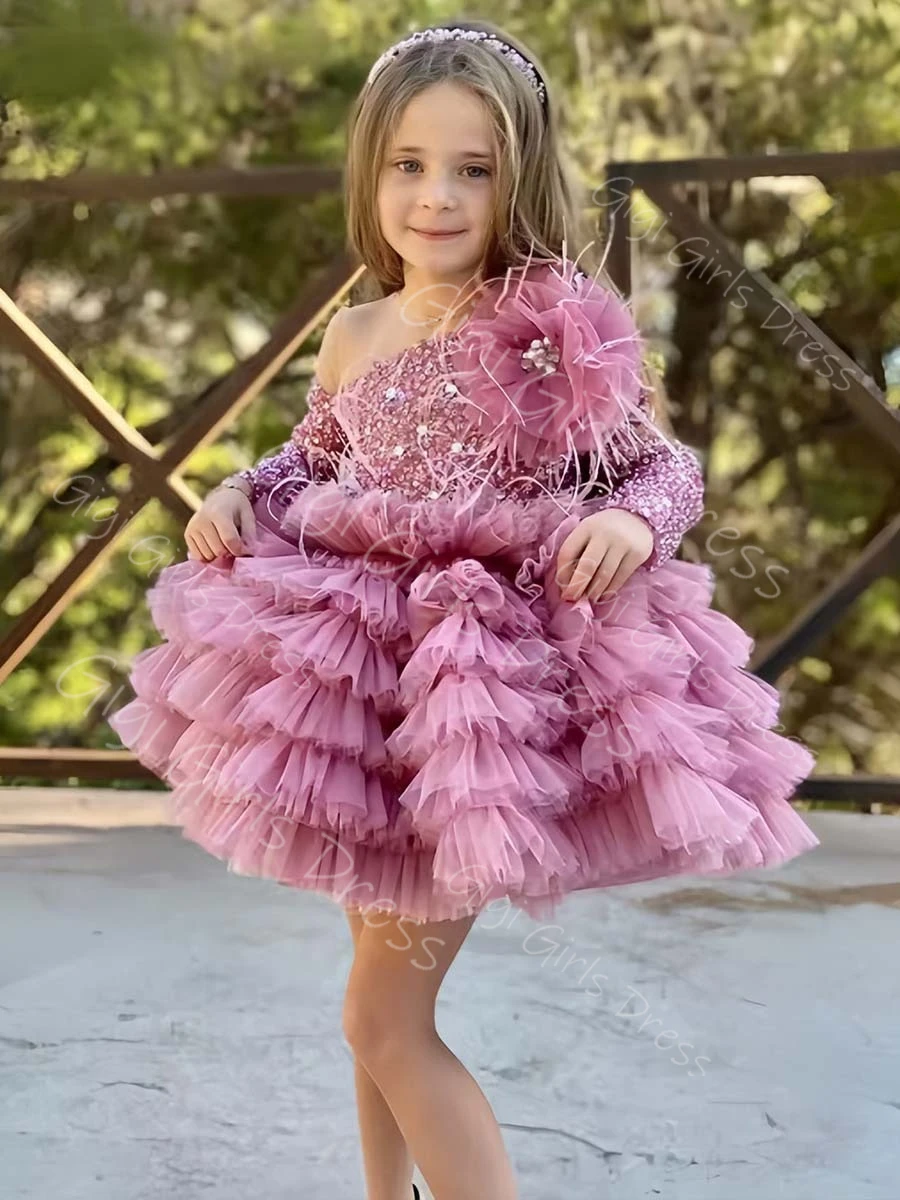 Abito da ragazza di fiore per bambini personalizzato maniche lunghe con paillettes in rilievo fiocco a strati abito da principessa in tulle abito da compleanno al ginocchio personalizzato