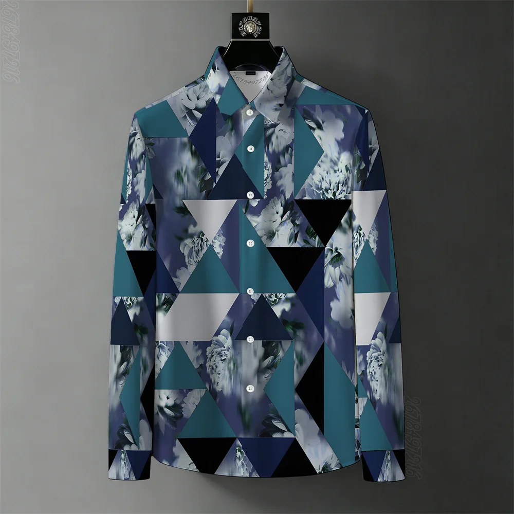 2026 Spring/Autumn New Men's Patchwork Print Shirt, Luxury Style Black and White Houndstooth Letter Print Long-Sleeve Shirt