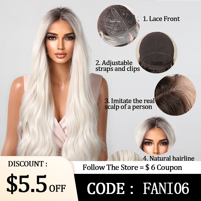 HAIRCUBE Long Brown White Ombre Synthetic Wigs for Afro Women Natural Wave Lace Front Wigs High Density Daily Cosplay Fake Hair