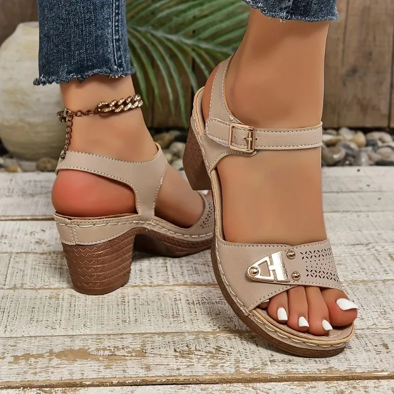 

Женские босоножки на массивном каблуке, летние модные повседневные и удобные босоножки на высоком каблуке с открытым носком и пряжкой на щиколотке, Sandalias Mujer