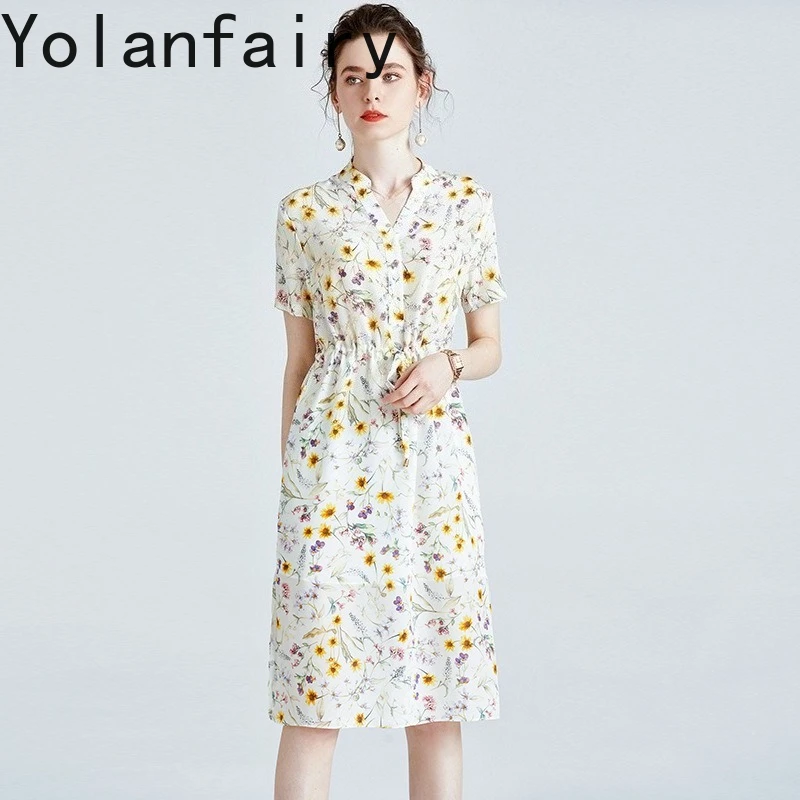 

YOLANFAIRY 12MM 100% Real Mulberry Silk Dresses for Women Summer 2026 Elegant V-neck Short Sleeve Dress Split Floral Beach Dress