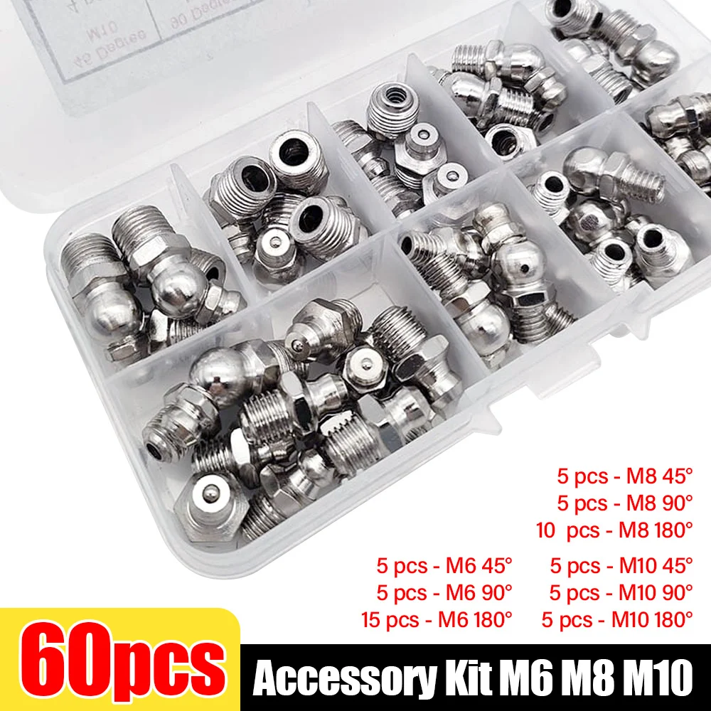 

60Pcs M6 M8 M10 Butter Nozzle Set Grease Gun Coupler Steel Connector Nickel Plated Nozzle Straight Curved Grease Fitting Nipple