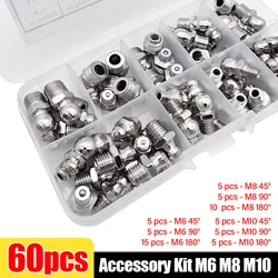 60Pcs M6 M8 M10 Butter Nozzle Set Grease Gun Coupler Steel Connector Nickel Plated Nozzle Straight Curved Grease Fitting Nipple