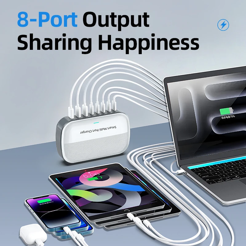 200W GaN Charger PD Fast Charging USB Type C Charger PD 100W 8 in 1 USBC Power Station For iPhone 17 16 15 Pro Max Xiaomi 14