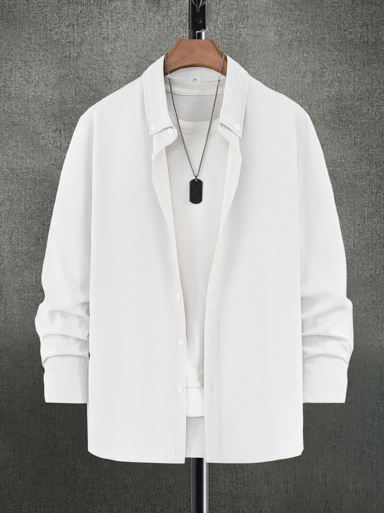 Men's Textured Lapel Long Sleeve Shirt Spring Fall Loose Casual Layering Outer Shirt