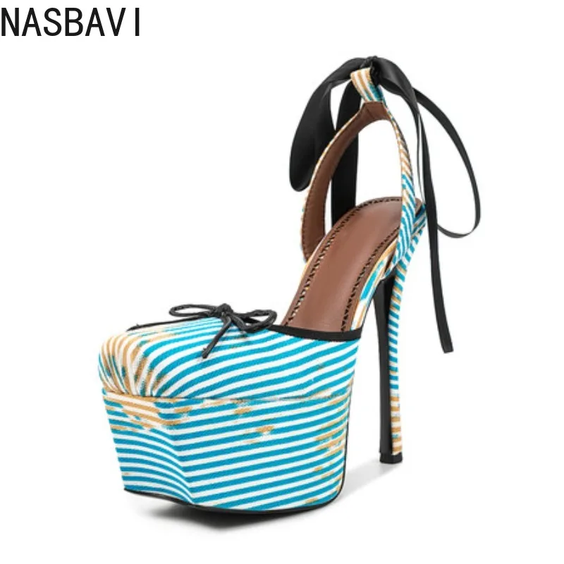 

Blue Stripes Platform Pumps Square Toe Patchwork Ankle Strap Bow High Heels Butterfly-knot Catwalk Dress Modern Shoes Women 2026