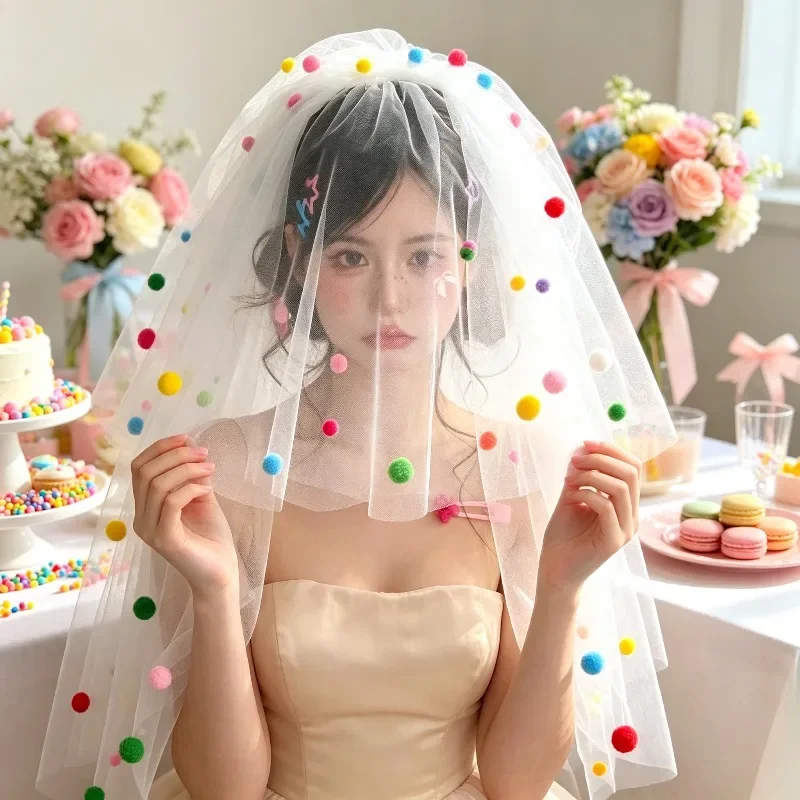 Cute Dopamine Wedding Veil Adorned With Colorful Pom Poms Light Sheer Tulle Bridal Headwear For Registry Proposal Photo Shoots