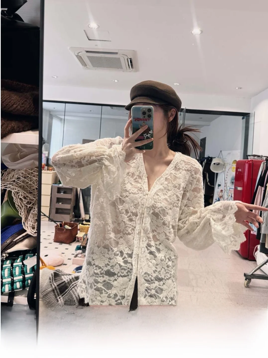 

V-Ne Lace Hook Flower Bud Sve Base Layer Top Crystal een Label JINGU Women's Faion Hanfu Sle Long Sve Regular Fit