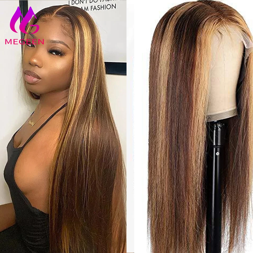 

Megeen Straight 13X4 Lace Front Wig 100% Human Hair Highlight P427 Colored Human Hair Pre Plucked Honey Blonde Lace Front Wig