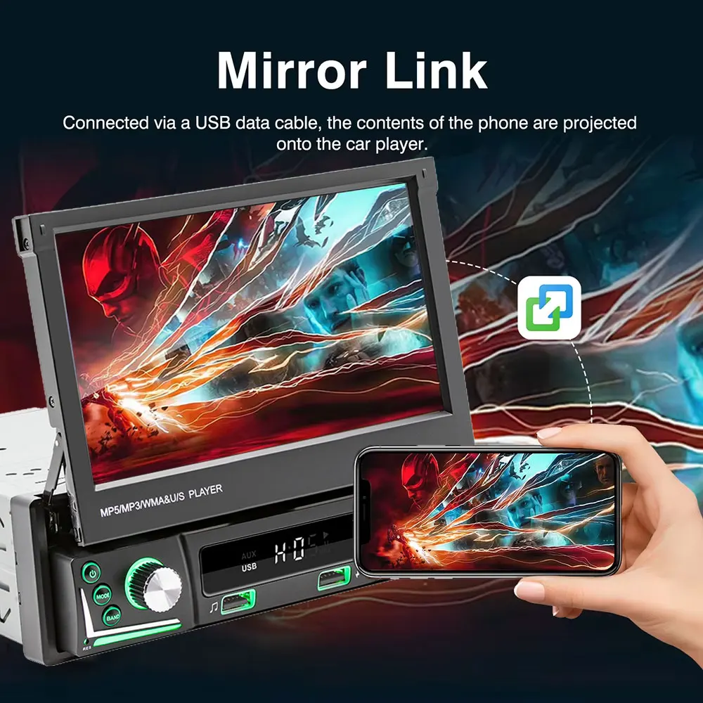 Radio para coche, reproductor de Radio con pantalla HD retráctil eléctrica de 7 pulgadas para coche, reproductor Multimedia MP5 de 1Din, Carplay inalámbrico, Android Auto