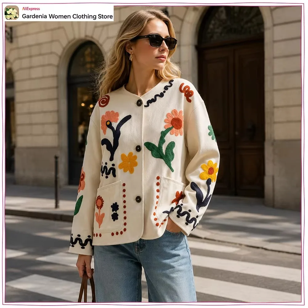 Elegant Chic Embroidered Floral Jackets for Women New in Stylish Round Neck and Long Sleeves Buttoned Jackets with Patch Pockets