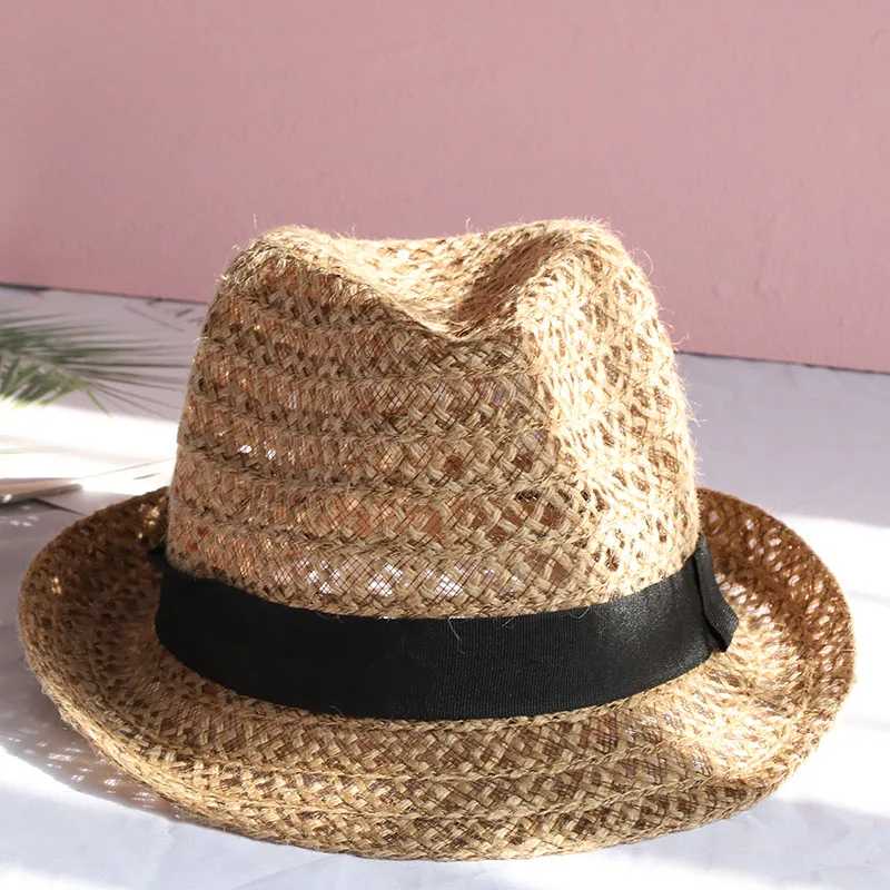 2022 Natural Panama Soft Shaped Straw Hat Summer Women sun hats Men Beach Sun Cap UV Protection straw Felt hat grass color cap