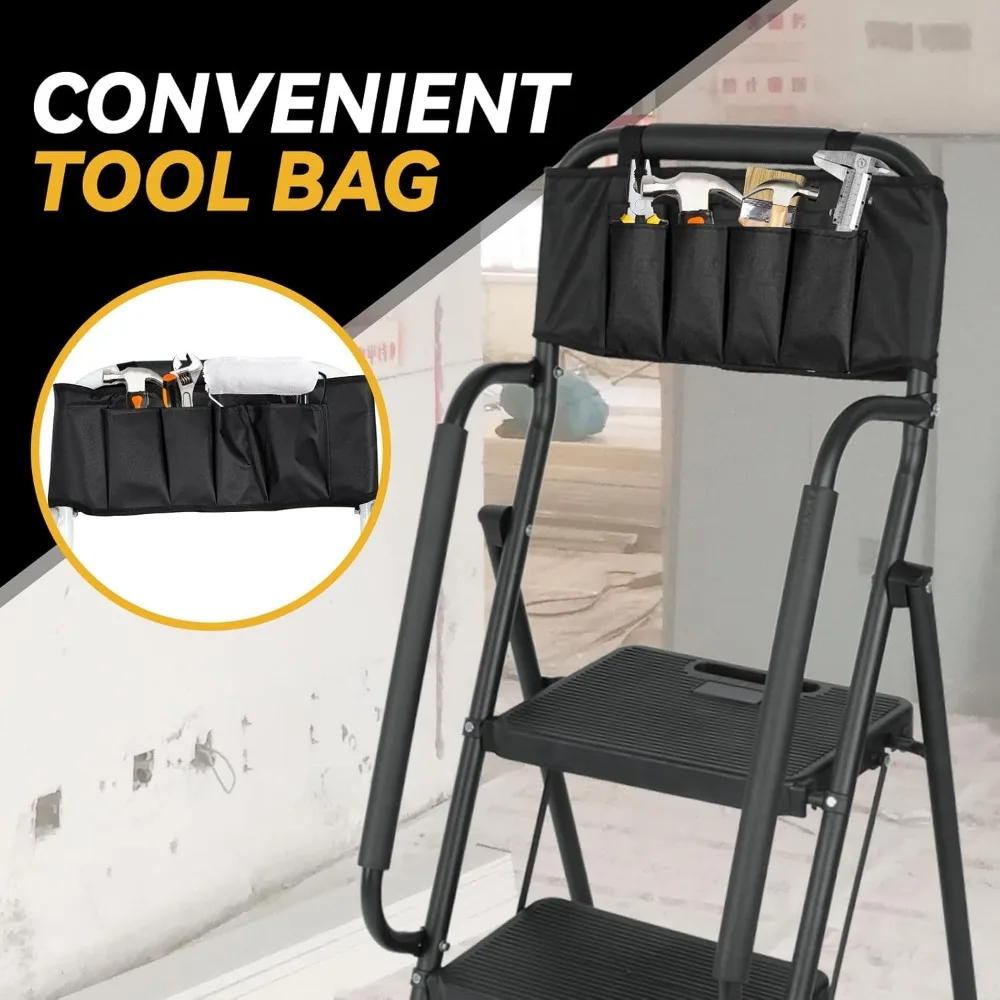 سلم مقعد قابل للطي بسعة 500 رطل، ودواسات واسعة غير قابلة للانزلاق وحقيبة أدوات قابلة للانزلاق لتنظيم ارتفاع مخزن المطبخ #2