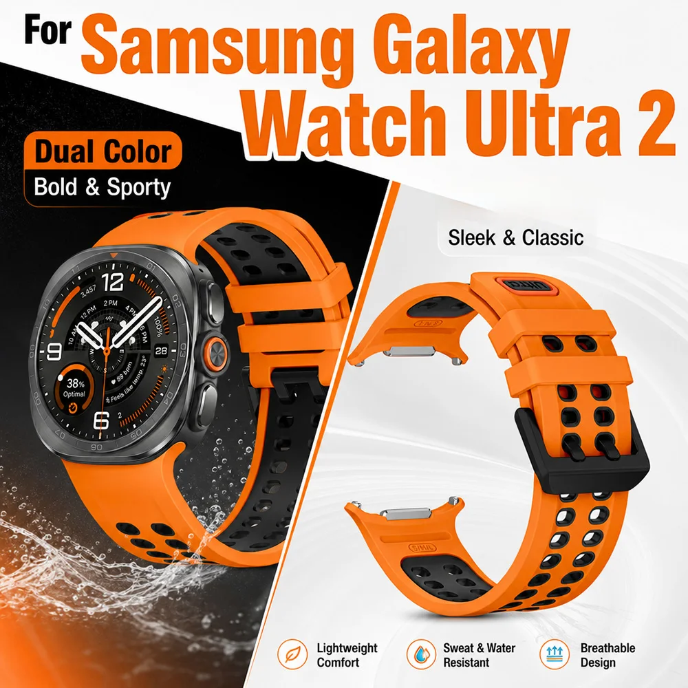 2Pack Two‑Color Silicone Sports Wristband for Samsung Galaxy Watch Ultra 2 Comfortable Replacement Watch Strap for Ultra 47mm