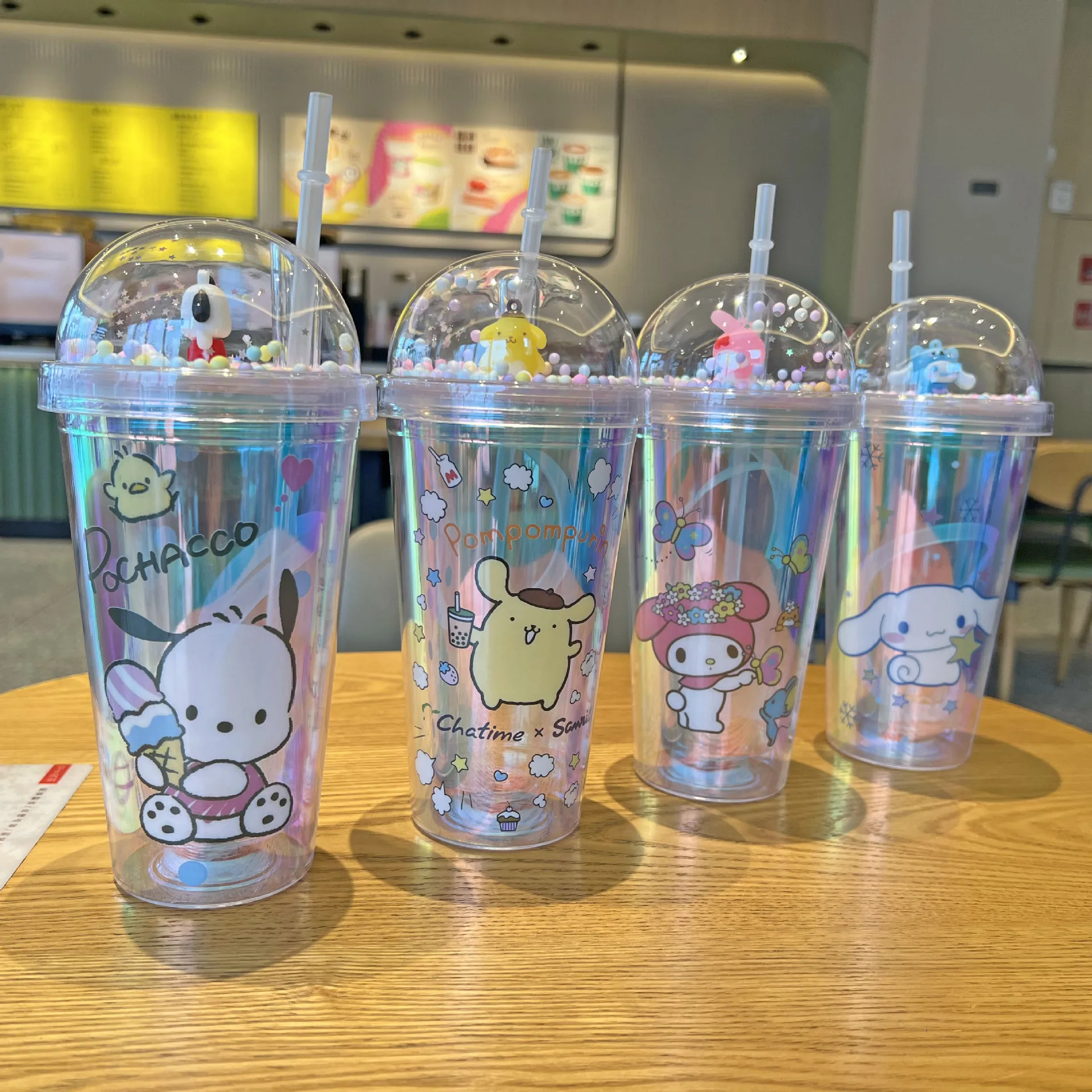 450ML Sanrio Cartoon Plastic Straw Cup Kuromi Stitch Double-Layer Plastic Cup Portable Sport Mug Straw Water Cup Christmas Gifts