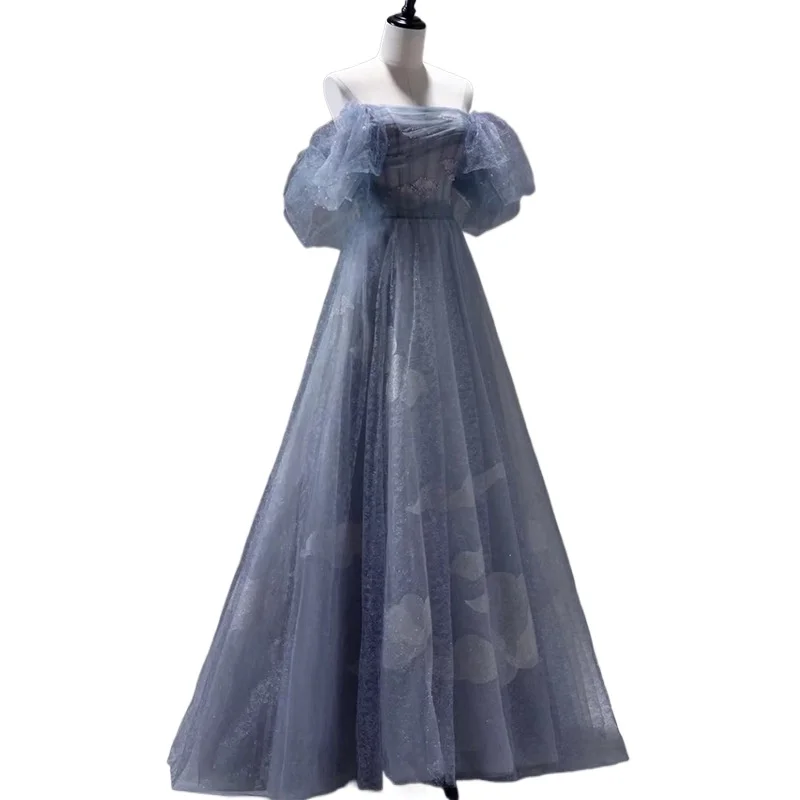 Abito da sera elegante blu, cinturino nuovo stile da donna, abito da sposa di lusso francese per adulti di compleanno di fascia alta di nicchia, toast