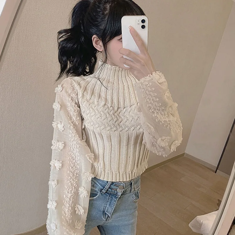 Women Half High Collar Sweaters Sweet Jumper Bubble Sleeve Mesh Stitching Tight Slim Short Knitted Tops