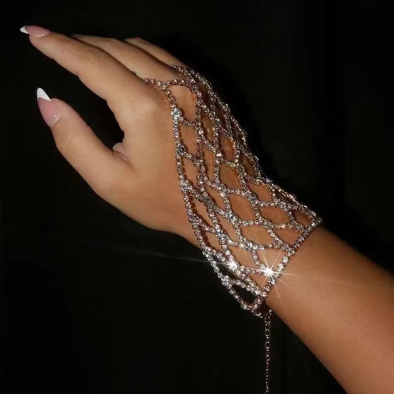 Glamorous Rhinestone Lattice Hand Harness Bling Fishnet Slave Bracelet Crystal Finger Ring Bangle Club Party Body Jewelry