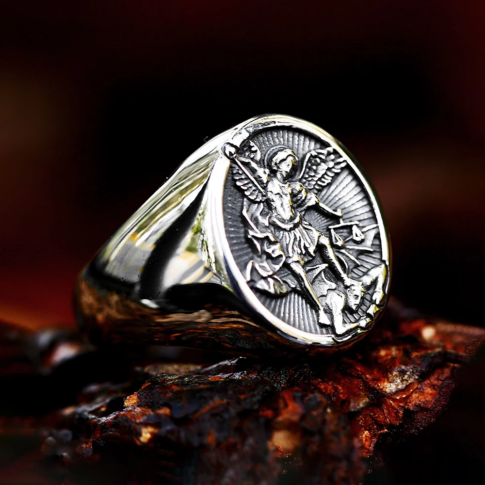 Catholic Angel Michael Ring 316L Stainless Steel Knight Saint Michael Protect Rings For Men Women Amulet Jewelry Gift Wholesale