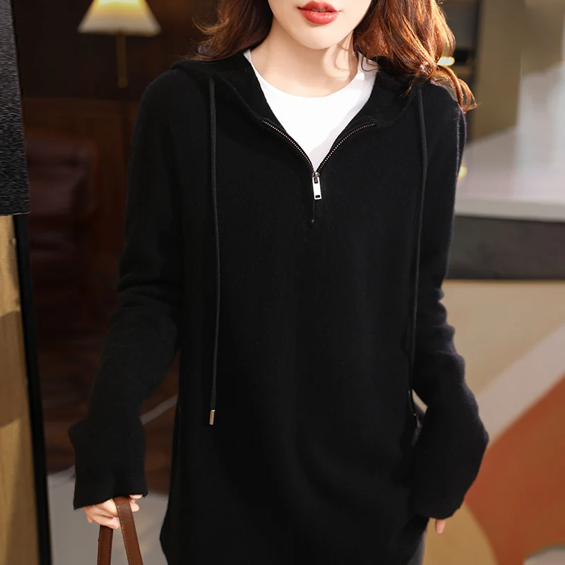 Black Hooded Thick Cashmere Knitwear for Women, Spring & Fall Fashion Hoodie, Korean Style Loose Knitted Knitwear, Fashionable a