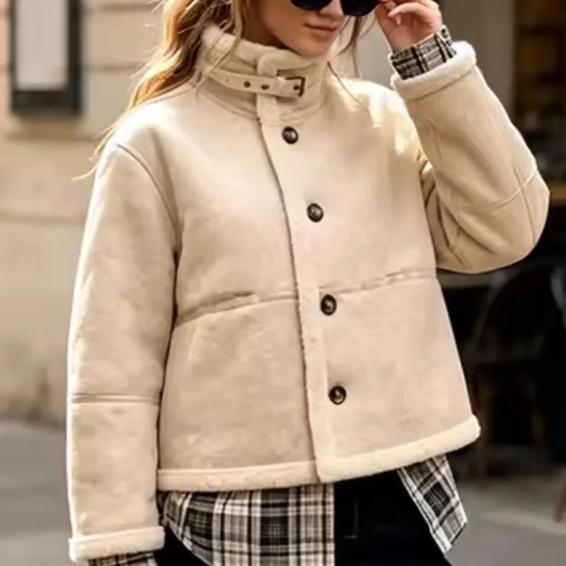 Guobioziy 2026 Women's New Lambskin and Shearling Stand Collar Jacket Fashionable and Versatile Elegant and Stylish Casual