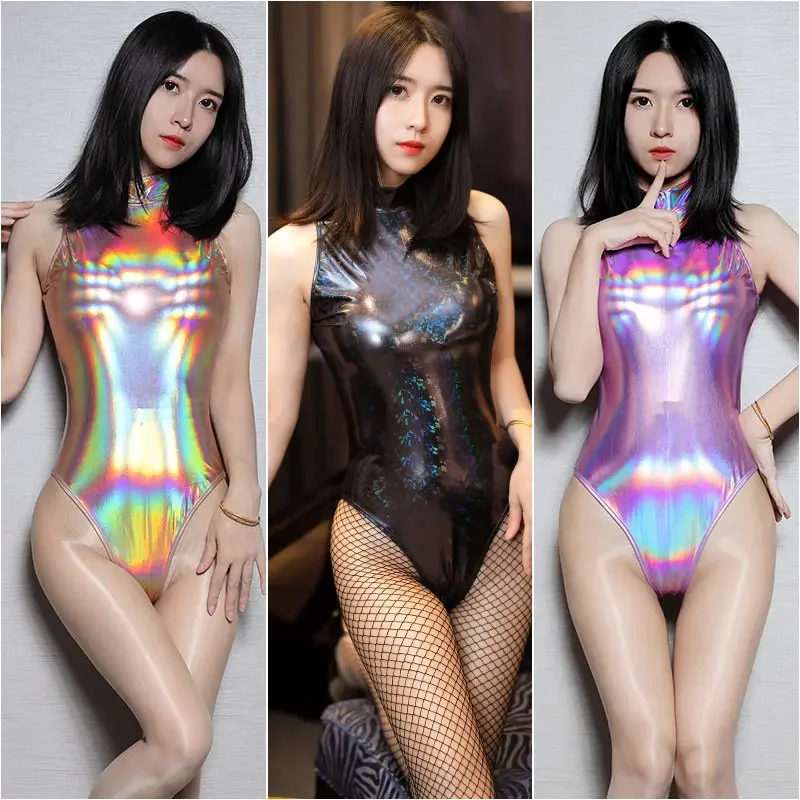 

New Shiny Metallic PU Leather Sexy Bodysuit for Women Elastic Backless Luster Laser Fabric Sexy Erotic Lingerie and Stockings