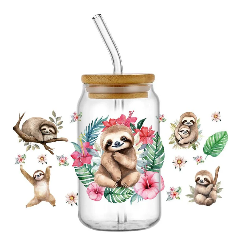 

41 New Design 3D Cute Tropical Sloth Tankard DIY Mug Transfer Sticker 3D Animal Washable UV DTF Cup Wrap for 16oz Libbey Glasses