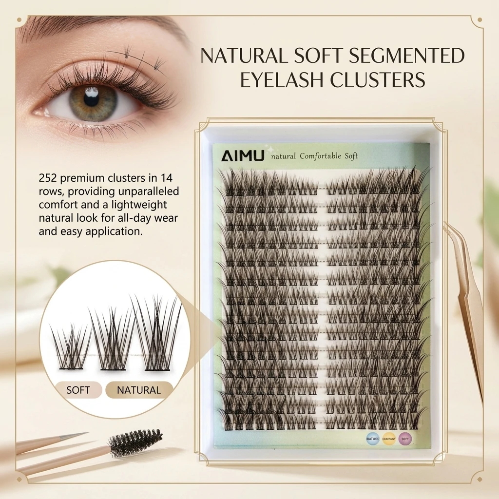 Cils naturels doux segmentés 14 rangées, longs et volumineux, style européen et américain, longueurs mixtes 8-18mm, en bouquets
