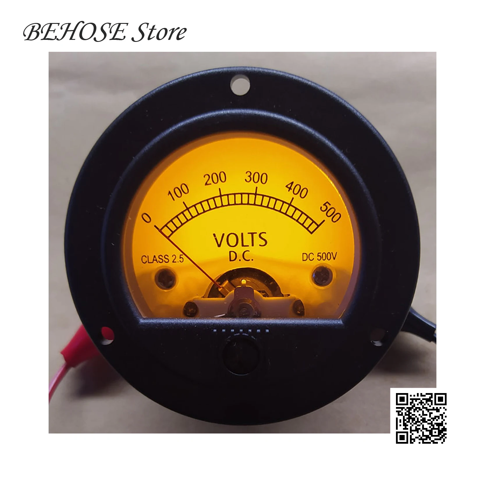 Round Black Pointer Meter, Retro Dial, DC 500V Voltmeter. Yellow Backlight 52mm