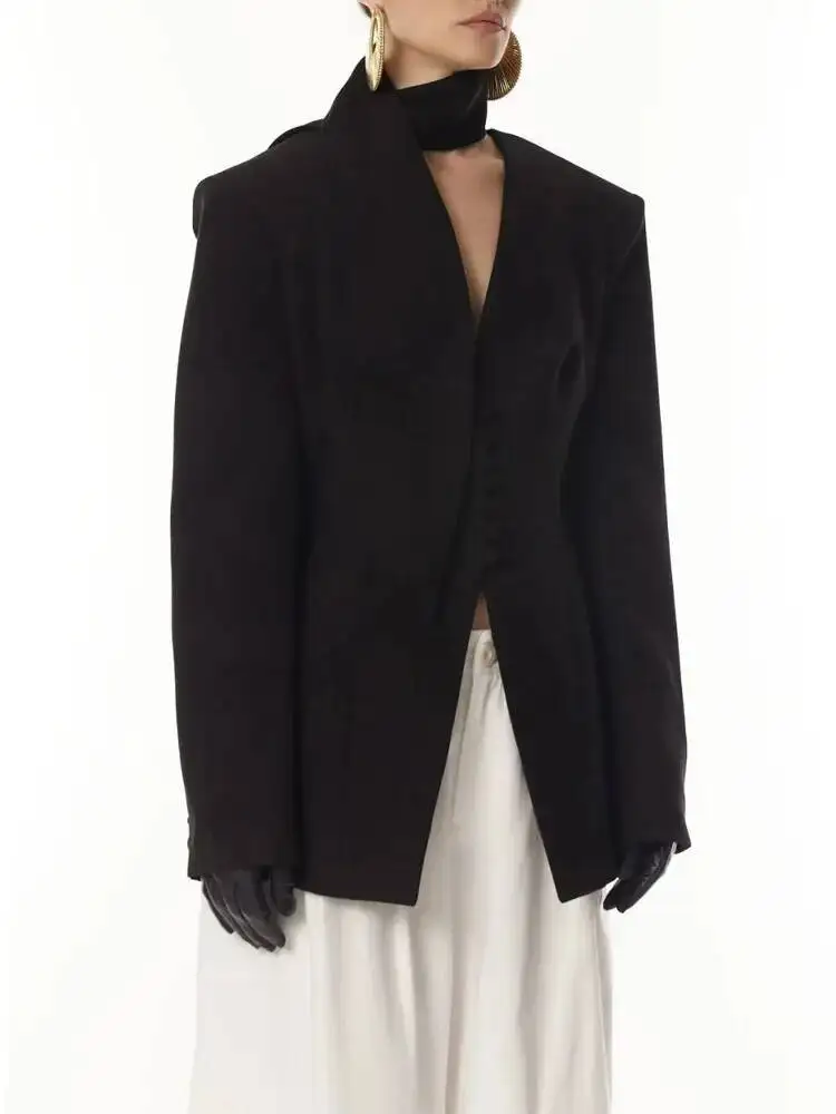 

2026 Arrival Black V Neck Blazer For Women Asymmetric Tailored Design Padded Shoulders Slim Fit Minimalist High Fashion