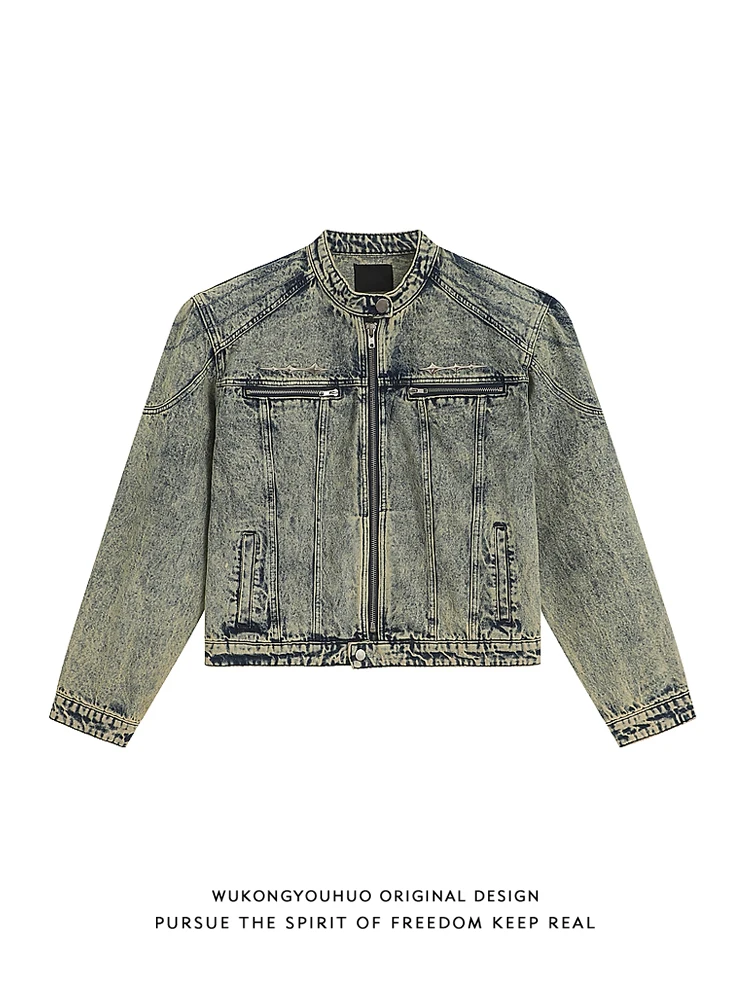 

Wukong Has Sto American ort Waed oulder Denim Jaet Men's Trendy High Street Bad Boy Motorcycle Suit Deconstructed Coat