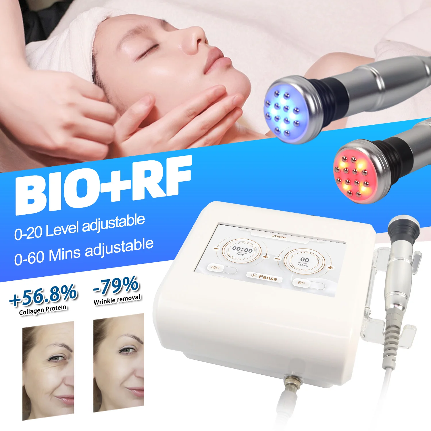 2 in 1 Facial Massage R-F Lifting Beauty Device R-F & BIO Skin Tightening Blue Red Light Anti-Wrinkle Skin Repair R-F