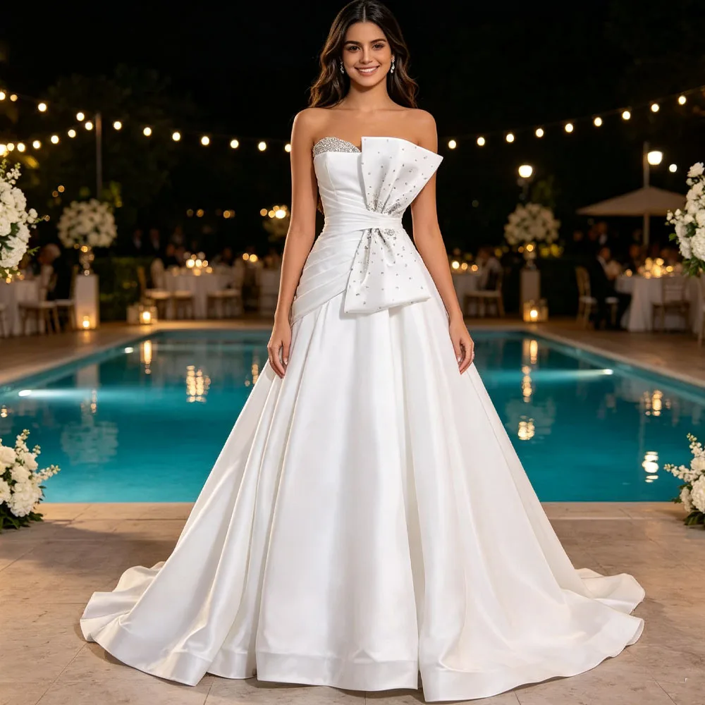 Customized Sweetheart Sleeveless Lace Up Back Wedding Dresse Crystal Ruched Bow Wedding Dress Luxo