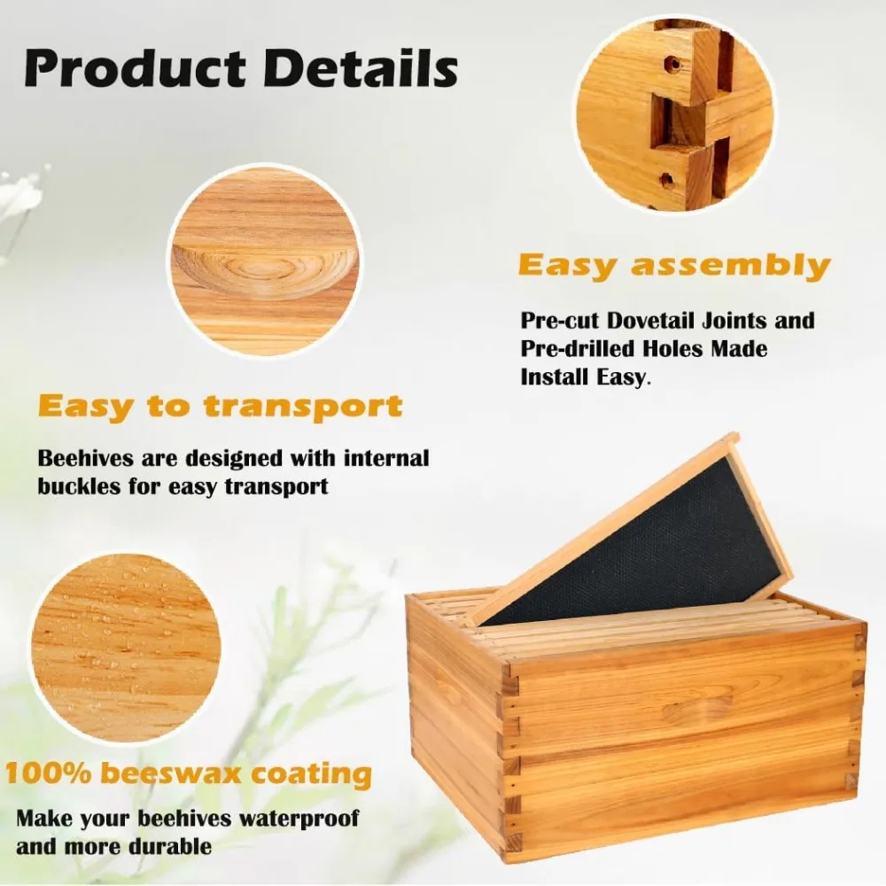 10 Frame Beehive Box, Langstoth Deep Brood Bee Hive Box, Bee Box Dipped in 100% Beeswax Includes Wooden Beehive Frames