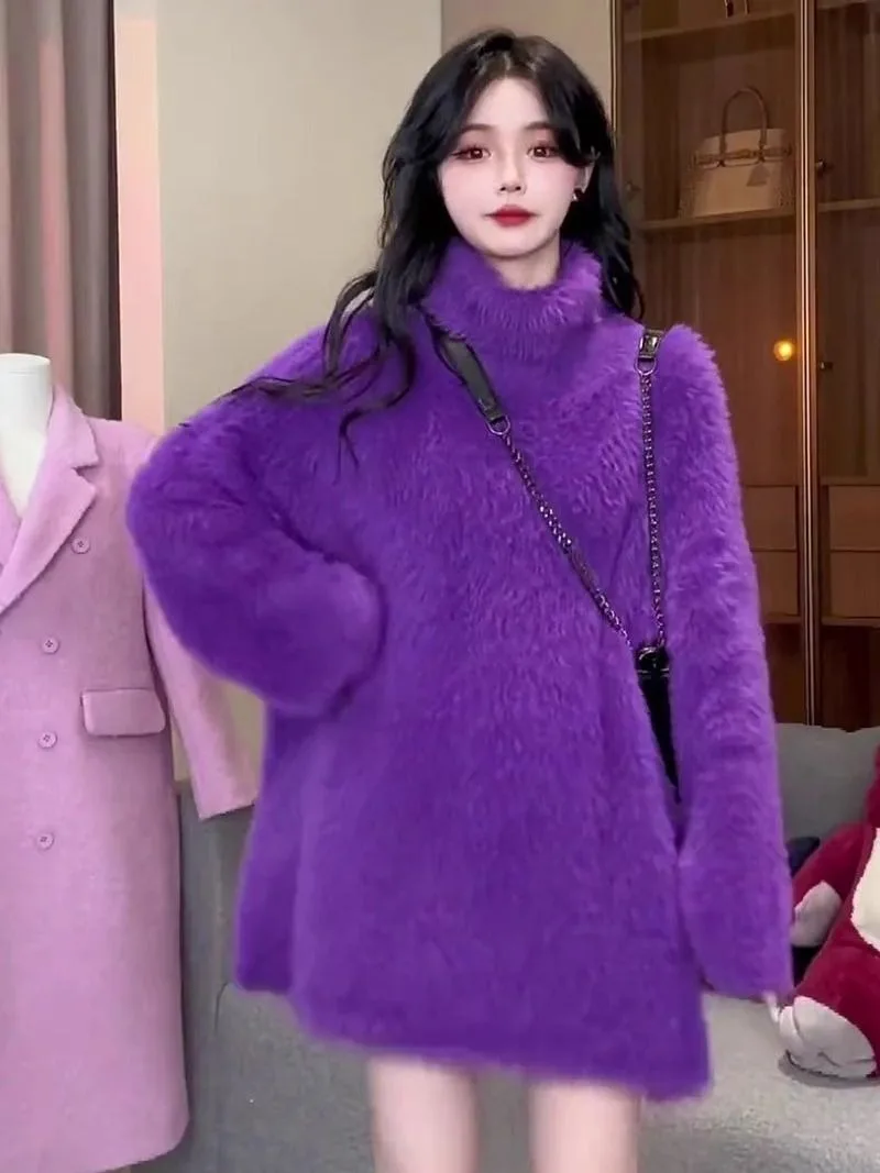 Sweet Temperament Purple High Neck Mohair Sweater Women Fashion Soft Glutinous Korean Gentle Winter Warm Solid Loose Knitwear