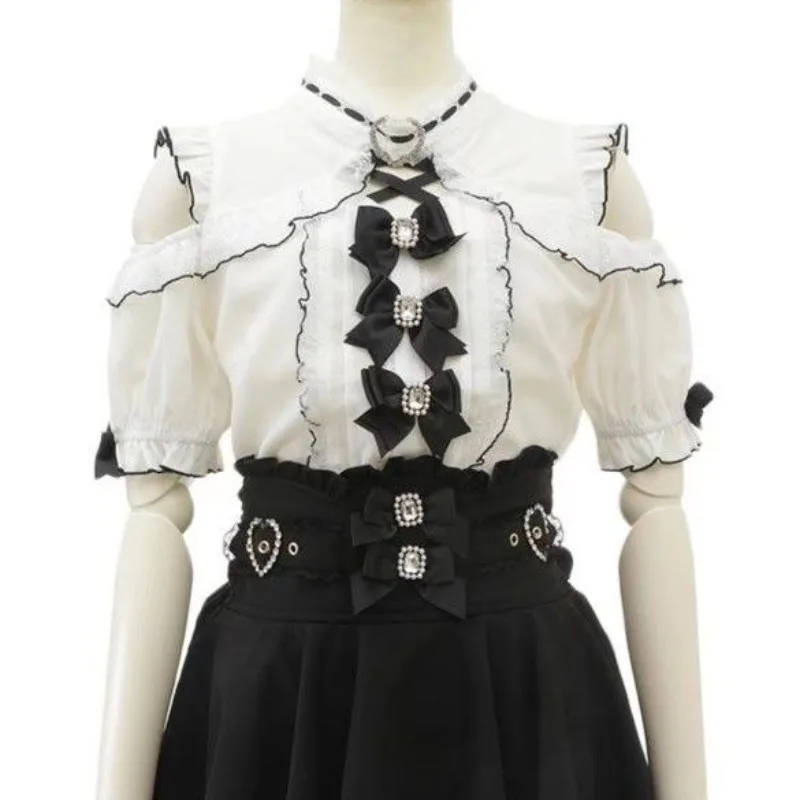 

Women Shirts Lolita 2026 Summer Sweet and Cute Lace Bow Love Off Shoulder Top Shirt